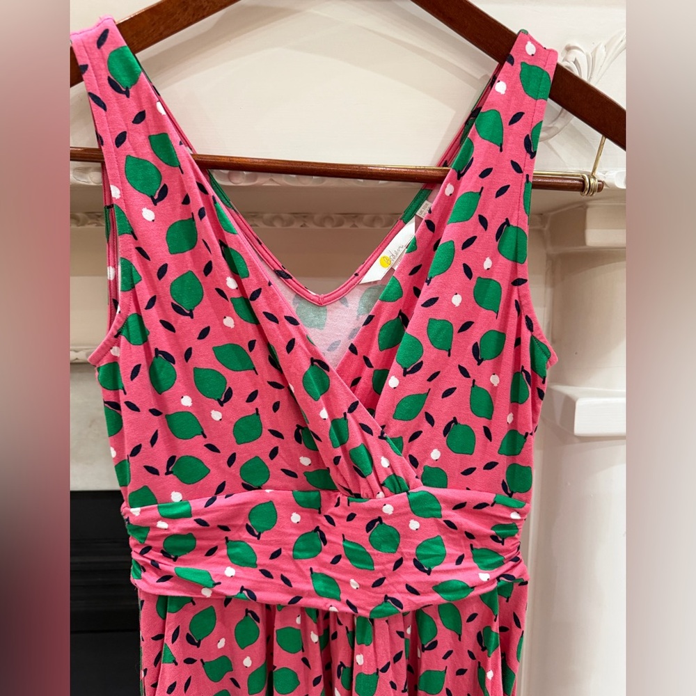 Boden 6 Pink Green Pear Print Jersey Midi Dress Cottagecore Fit & Flare Summer - Picture 2 of 11
